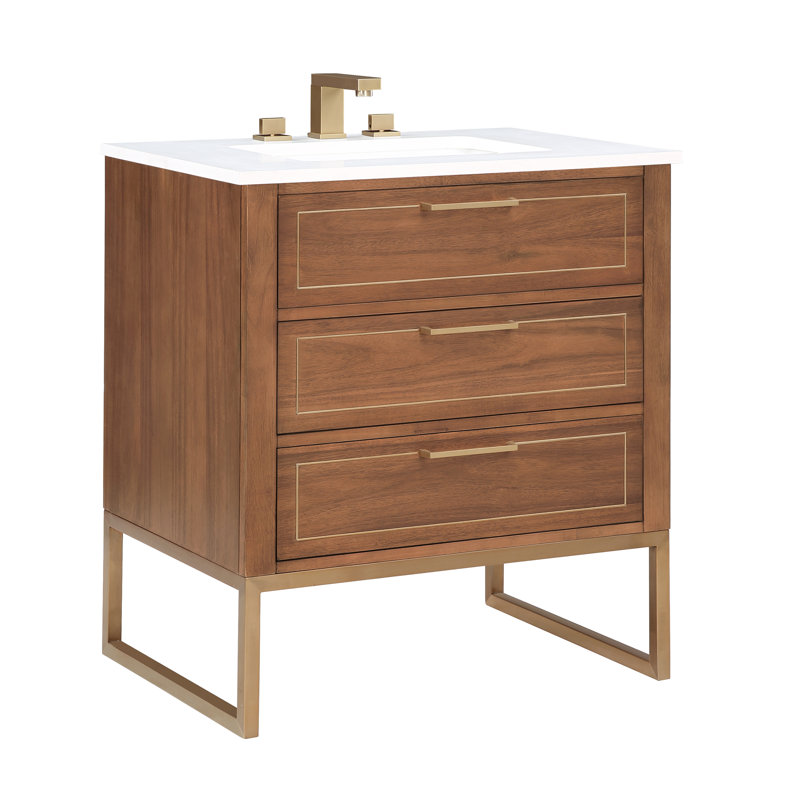 Markham 30'' W Single Vanity, White Quartz, Walnut, Satin Brass