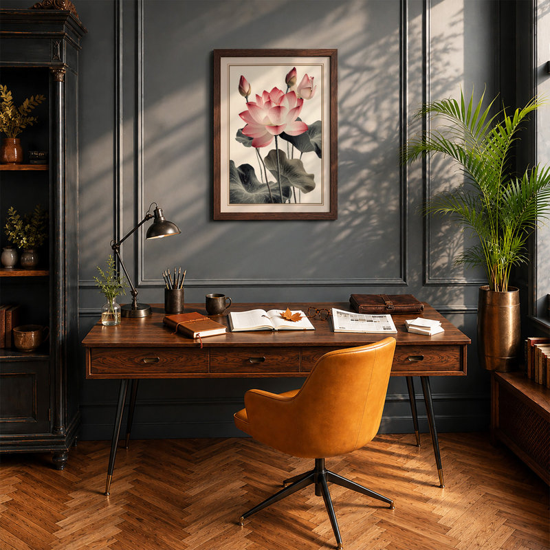 Lotus in Bloom Botanical - Framed Print, Walnut, A1 - 84.1 x 59.4 cm