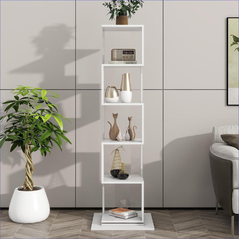 Bibliothèque à 5 niveaux pivotant sur 360 ° avec tablettes en acrylique transparent Base anti-arrachement | Blanc | Panneau de particules