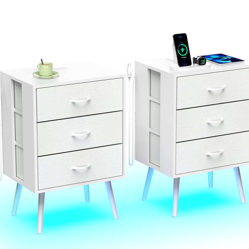 Ensemble de 2 tables de chevet avec station de charge, tables de chevet blanches tiroirs à DEL et non tissés, éclairage télécommandé pour l'ambiance, panneau de particules enduit, Scratch facile à nettoyer, charge de bureau de 20 kg
