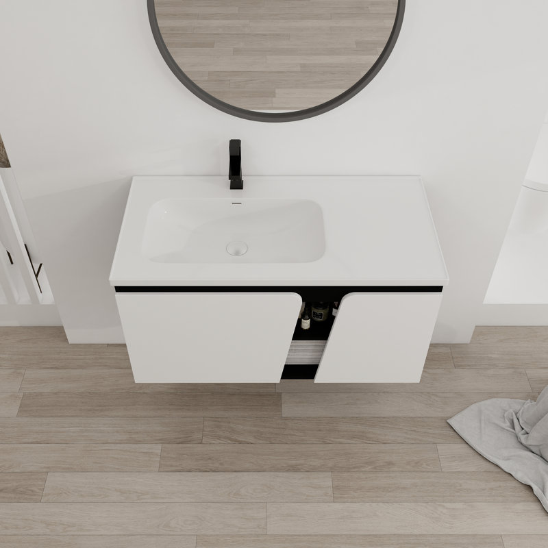 Modern Wall-Mounted Bathroom Vanity With Ceramic Sink And Soft-Close Cabinet Door,White&Black