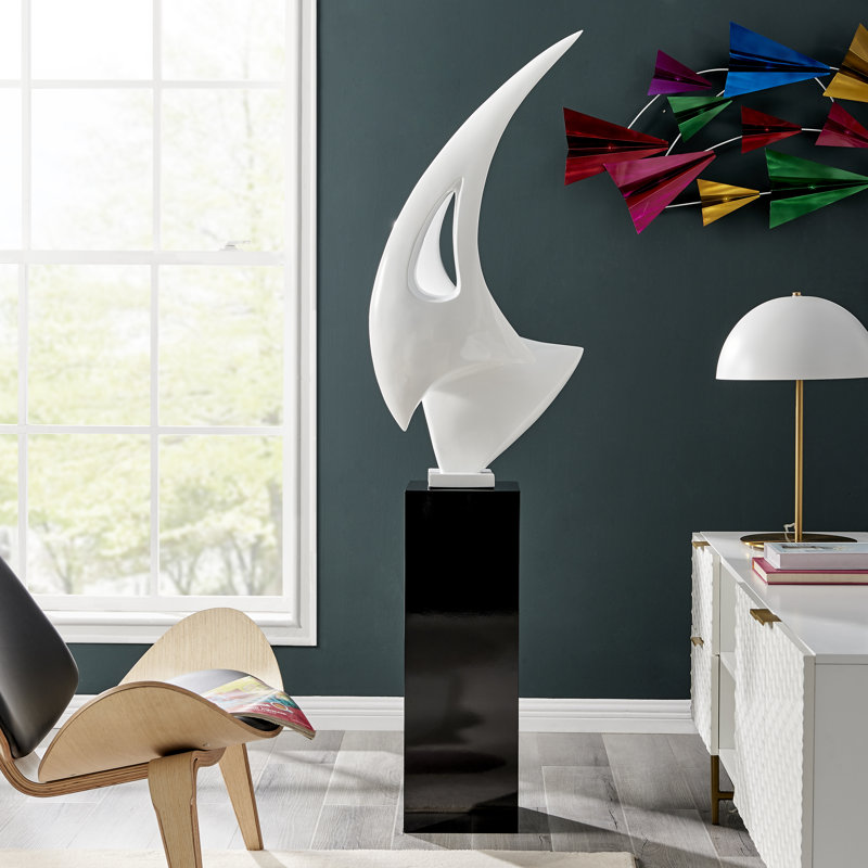 Sculpture Haldis moderne en résine et panneau de fibres à densité moyenne, Blanc / noir, H 68 po x l 8 po x P 10 po