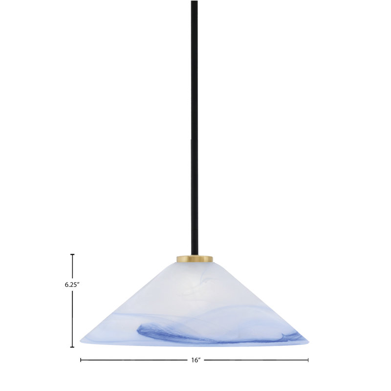 Luminaire suspendu à 1 lumière Amarmula, noir mat et laiton vieilli, verre tourbillon bleu de 16 po