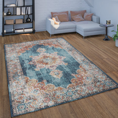 Constant Balcony Terrace with Oriental Look Power Loom Blue/Beige/Pink Indoor/Outdoor Rug