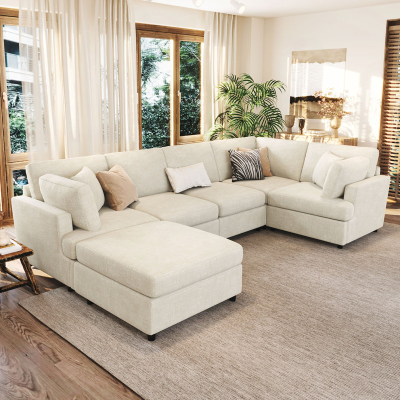 Canapé modulaire 6 pièces avec repose-pieds mobile, Beige Chenille
