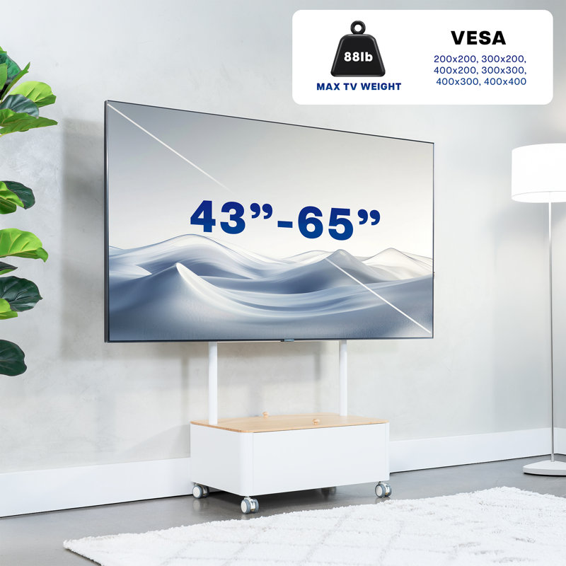 VIVO White Studio Rolling TV Stand, 43”-65” Screen, Bamboo Cover Hidden Storage