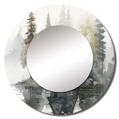 Persefoni Cottage By The Lake II - Lake House Cottage Unique Mirror, Traditional Large Round Wall Mirror, Printed Metal Art