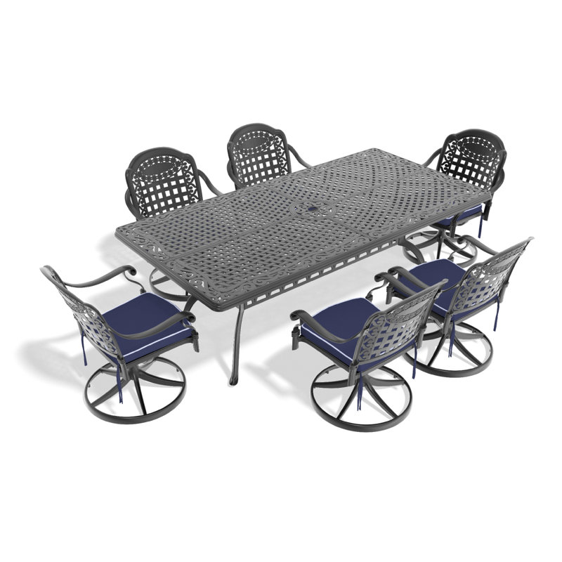 L'ensemble de salle à manger en fonte d'aluminium toutes saisons comprend des chaises pivotantes, des chaises de salle à manger et une table rectangulaire avec cadre noir