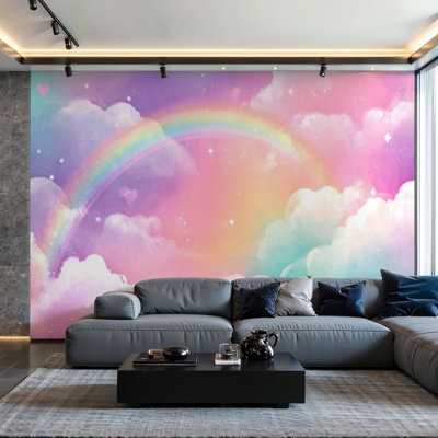Papier peint adhésif pelez et collez, holographique, arc-en-ciel, nuages, couleur pastel, ciel, paysage magique, art mural auto-adhésif et amovible