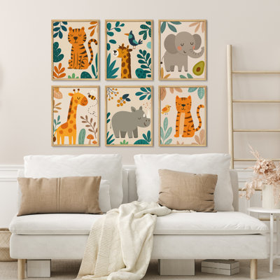Safari Jungle Animal, ensemble de 6 reproductions d'art encadrées par des animaux