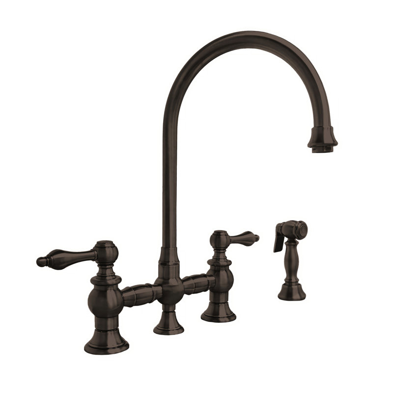 Whitehaus Collection Bridge Faucet with Long Gooseneck Swivel Spout, Lever Handles and Solid Brass Side Spray, Lever Handle