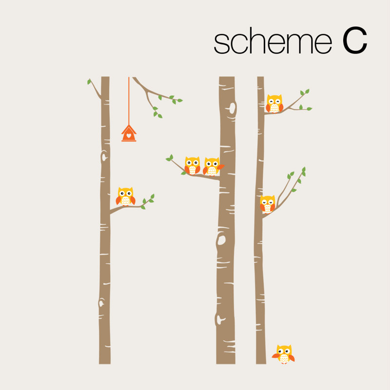Décalcomanie murale arbre bouleau avec owls, H 108 po x l 67 po, Beige, brun, orange