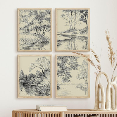 Duotone Storybook Forest Tree Landscape, impression encadrée sur papier, 4 pièces