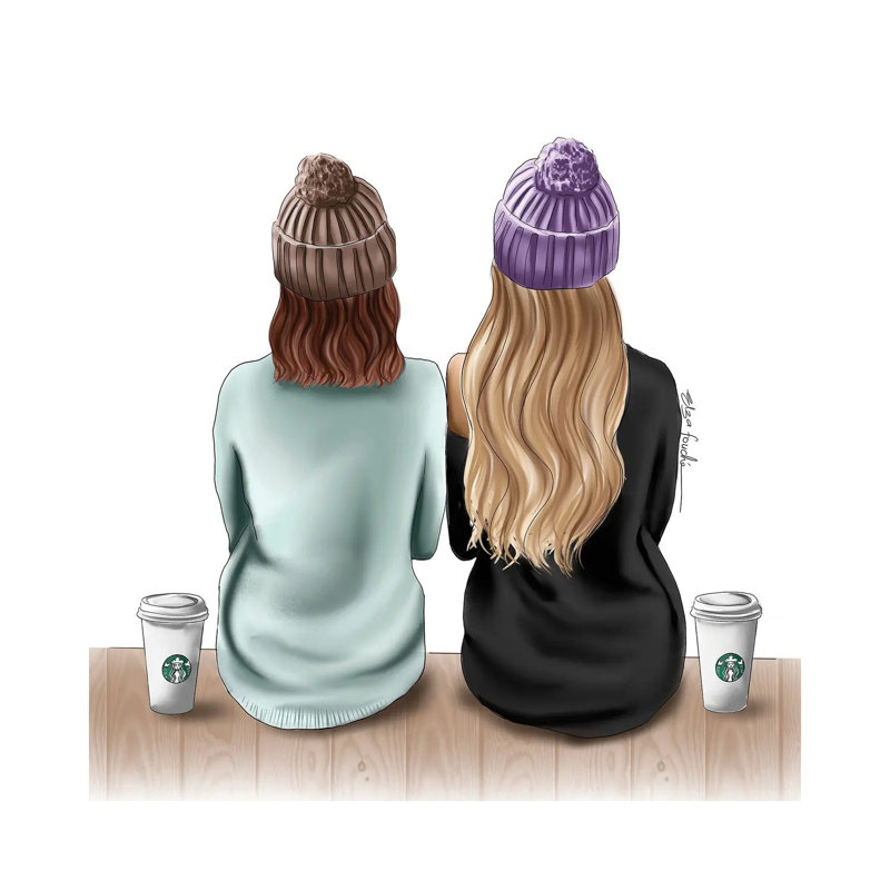 Besties And Starbucks Drinks by Elza Fouche - Wrapped Canvas Painting, 66.04cm H x 66.04cm W x 1.905cm D