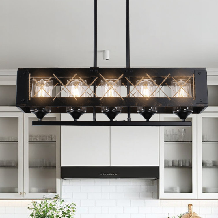 31.5" Industrial Farmhouse 5-Light Linear Chandelier Black Metal Frame with Rope Detail,Adjustable Height for Dining Room or Kitchen Island