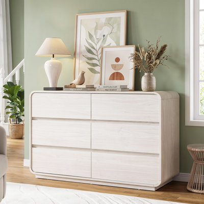 White Farmhouse 6-Drawer Dresser, Rustic Wood Chest of Drawers with Natural Texture, Multi-Use Storage for Bedroom & Living Room