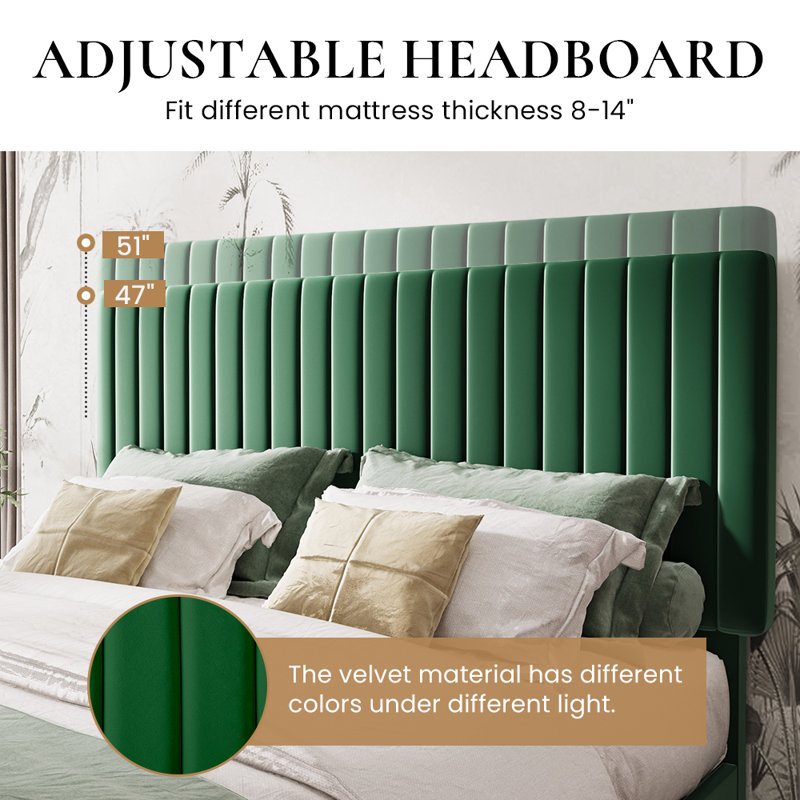 Queen Green Velvet Upholstered Platform Bed with Adjustable Headboard