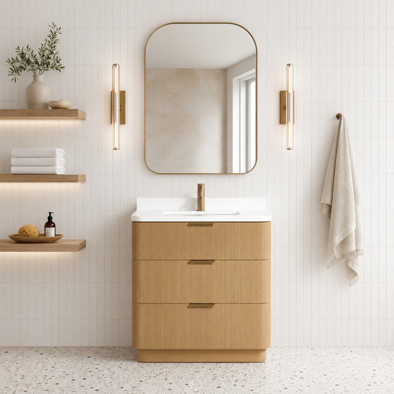 Calamigo 30'' Single Bathroom Vanity With Engineered Quartz Top, Oak