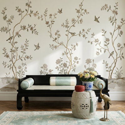 Papier peint chinois à motif de scène de jardin décoratif peint à la main amovible