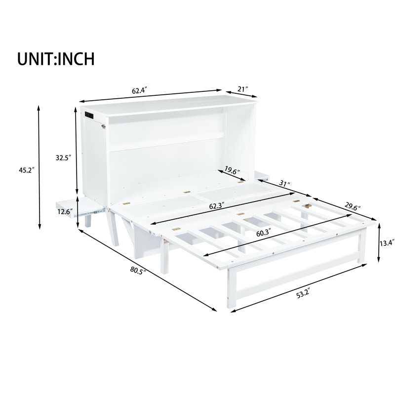 Grand lit escamotable avec tablettes port USB de chaque côté, lit escamotable en pin massif, White