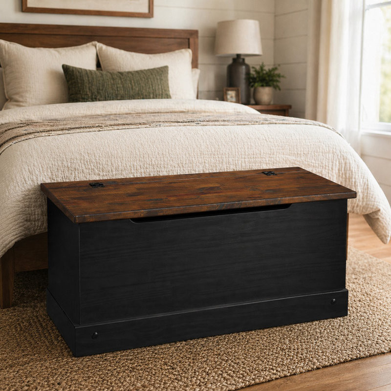  Solid Pine Storage Trunk Chest – Farmhouse Wooden Blanket Chest With Lift-top Hinged Lid In Harvest Black Finish