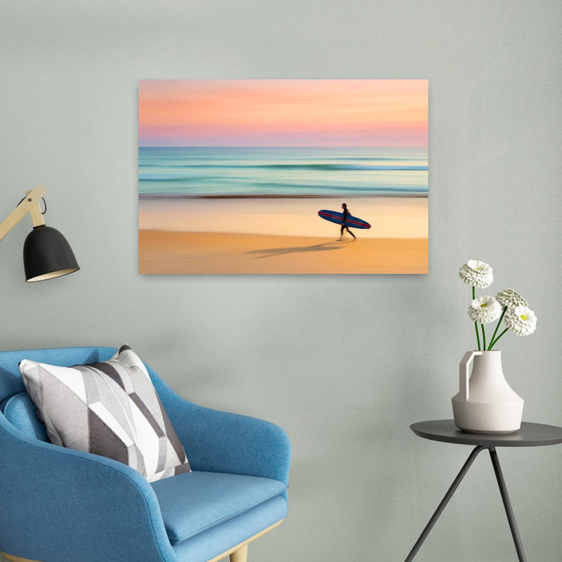 «Pastel Beach Surfer Dreamy Peaceful Serene Coastal», art mural, H 16 po x l 24 po