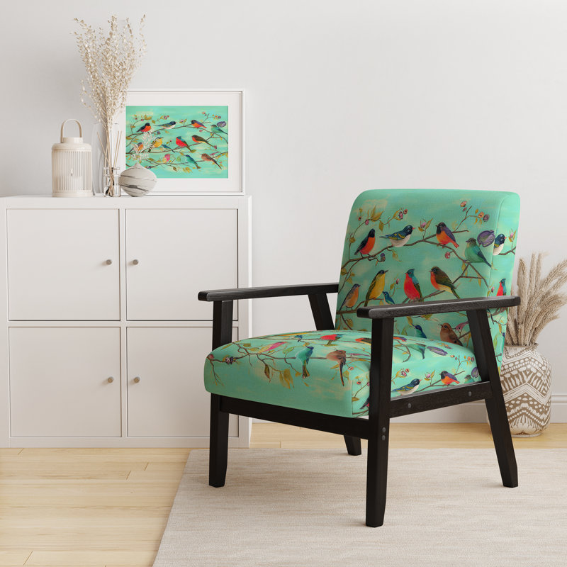 Multi-Color Bird On Tree - Velvet Upholstered Farmhouse Accent Arm Chair, Green Polyester Blend, Black