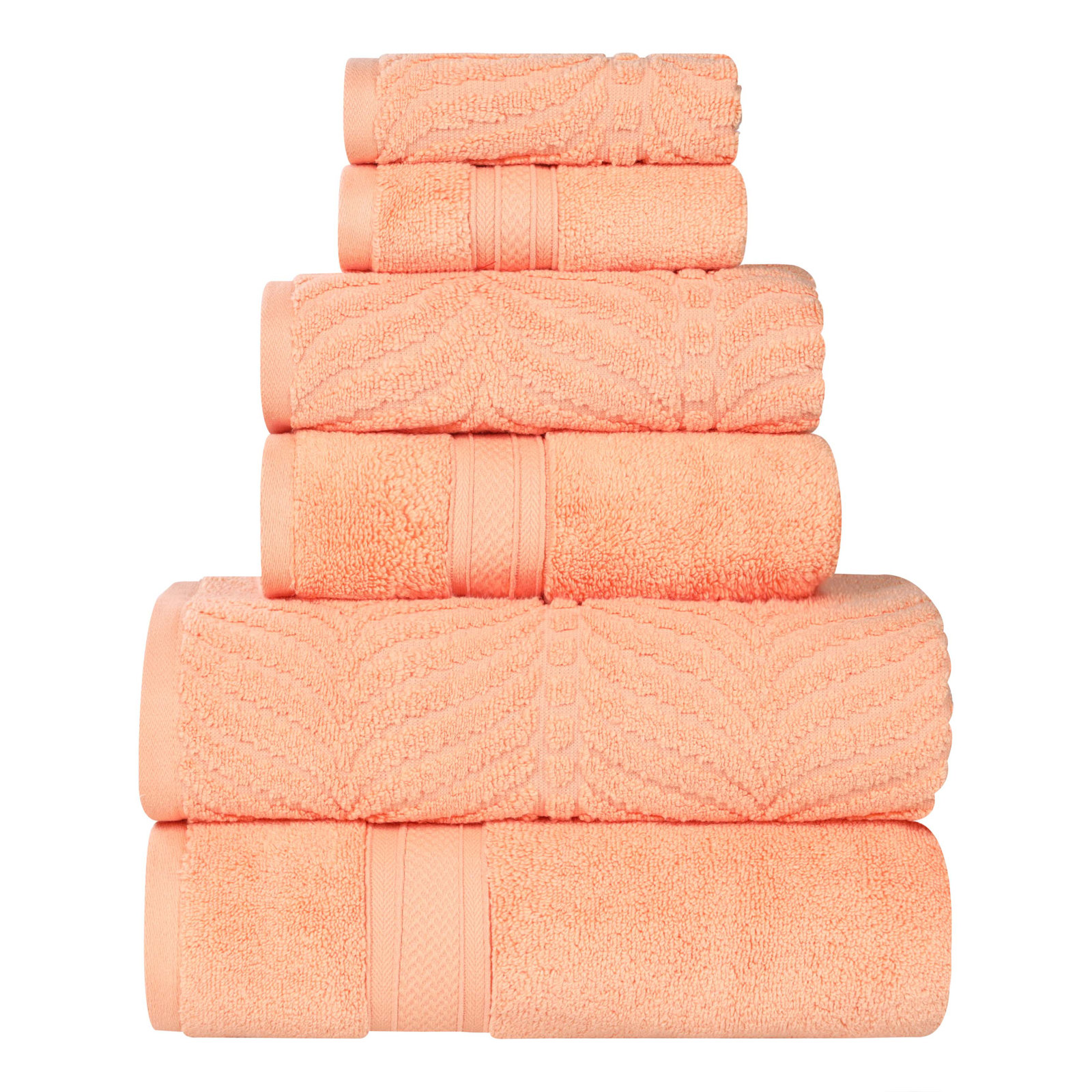 Amaretto Chevron Zero Twist Solid and Jacquard Cotton 6 Piece Bathroom Towel Set, Peach