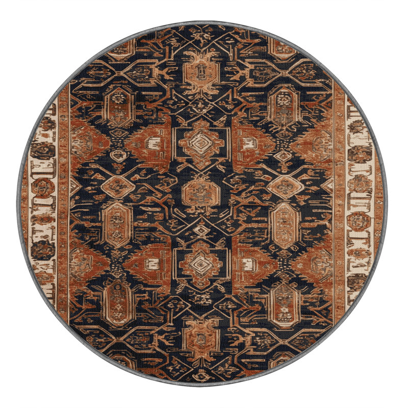 Tapis art déco brun lavable à la machine, Rond 3 pi
