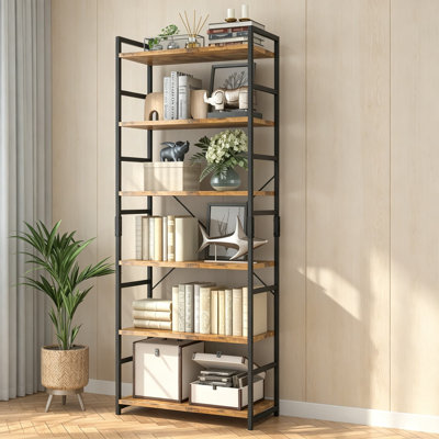 Bibliothèque à 6 niveaux avec structure en métal, bibliothèque de rangement rétro pour salon, chambre à coucher, bureau personnel, tablette industrielle avec tringle fixe