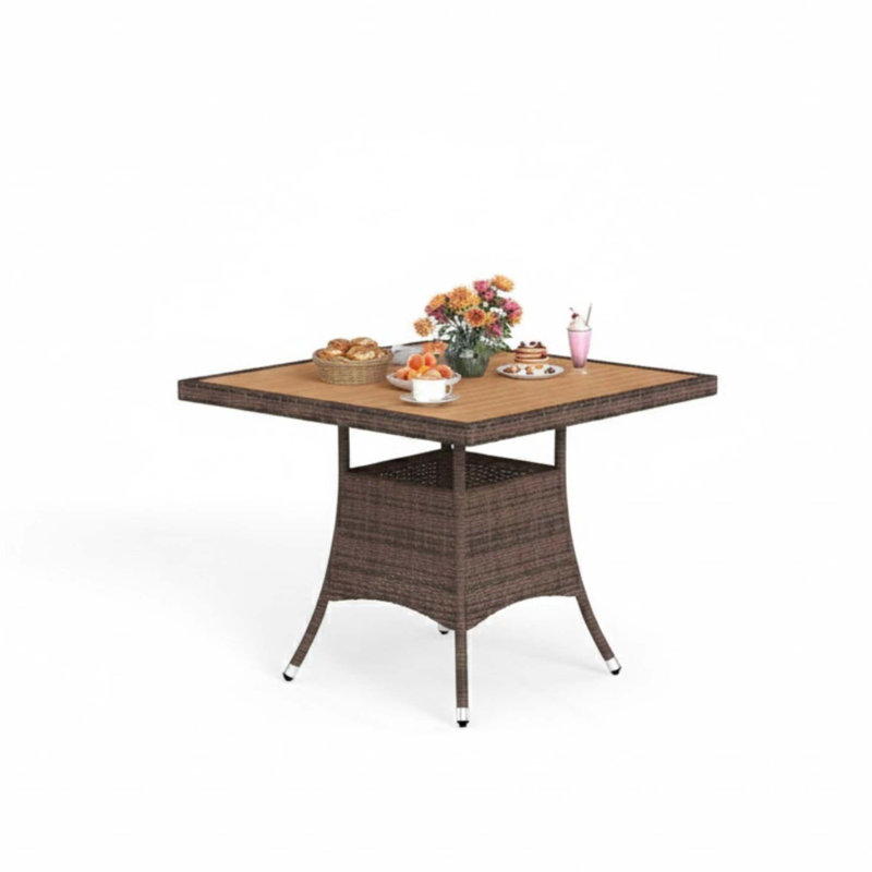 Table de salle à manger en rotin toutes saisons avec plateau en bois d'acacia, Brun