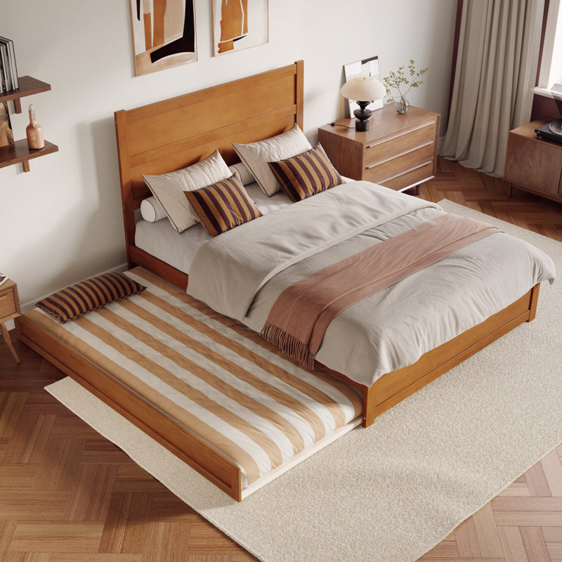 Aveline Wood Platform Bed with Footboard & Trundle, Light Toffee, Queen