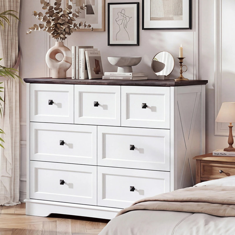 7 Drawer Dresser with Charging Station, Wide Farmhouse Dresser for Bedroom, Wooden Storage Cabinet, TV Stand Chest, White