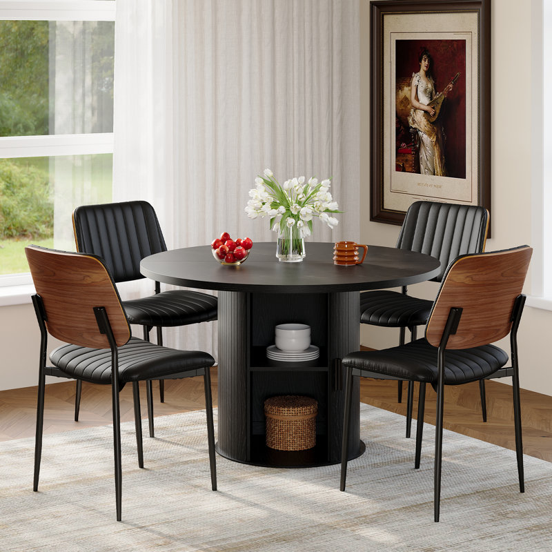 4 - Person Round Dining Table Set With Hidden Storage & 4 Upholstered Chairs, Black, Black