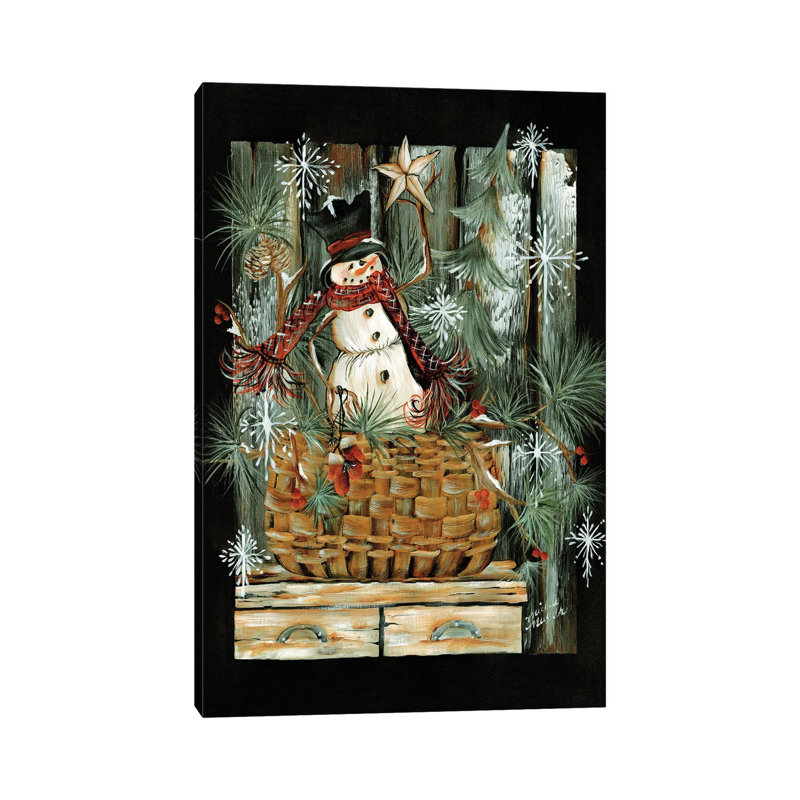 Bonhomme de neige dans un panier - reproduction d'art murale - toile encadrée, H 60 po x l 40 po, Doré