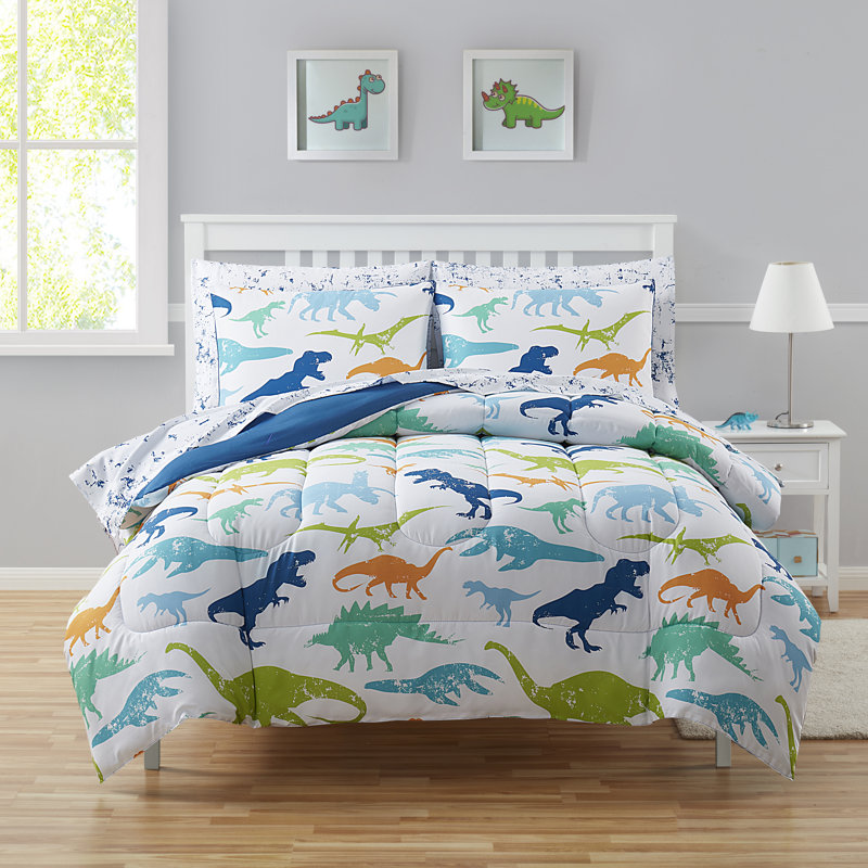 Dinosaur White/Blue/Green Microfiber Reversible Comforter Set, Full/Double Comforter + 2 Standard Shams