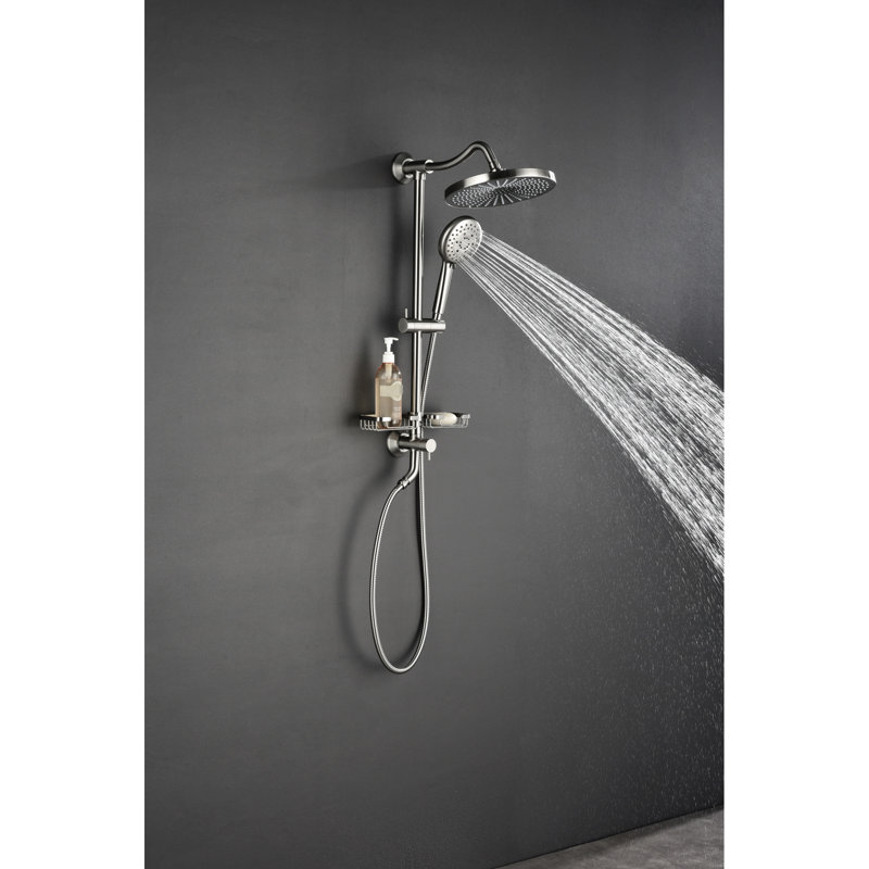 Fusion de douche avec pomme de douche à effet pluie de 10 po, douche à 4 poignées, vis coulissante réglable et porte-savon en ancre de fusion en nickel brossé