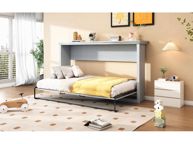 Lit escamotable simple, peut être plié dans une armoire, gris