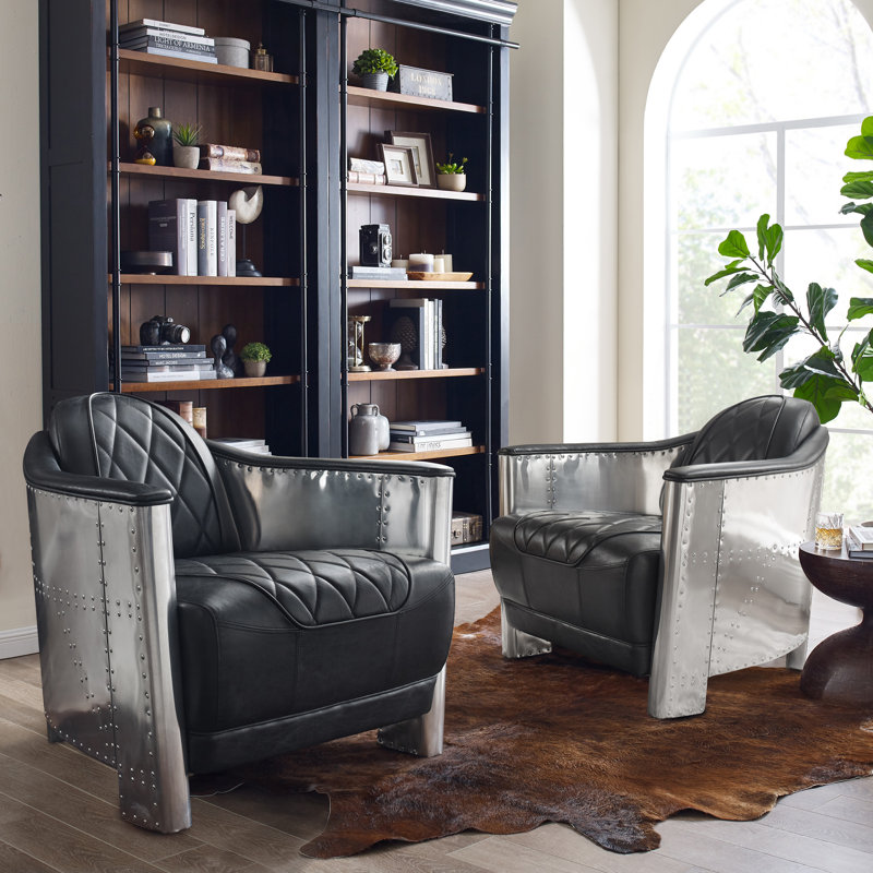 Alvenia 31.1"W Tufted Genuine Leather Accent Armchair, Black