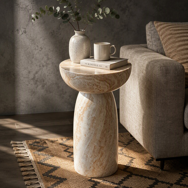 Table d'appoint en forme de champignon en grain de pierre naturelle, table de bout de patio autoportante imperméable de 13 po, table d'appoint Decor