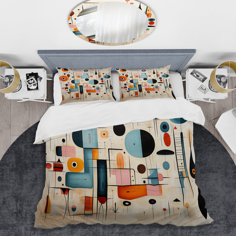 Ensemble de housse de couette rose et bleu Mid Century Whimsical Wonders III - Abstract Midcentury