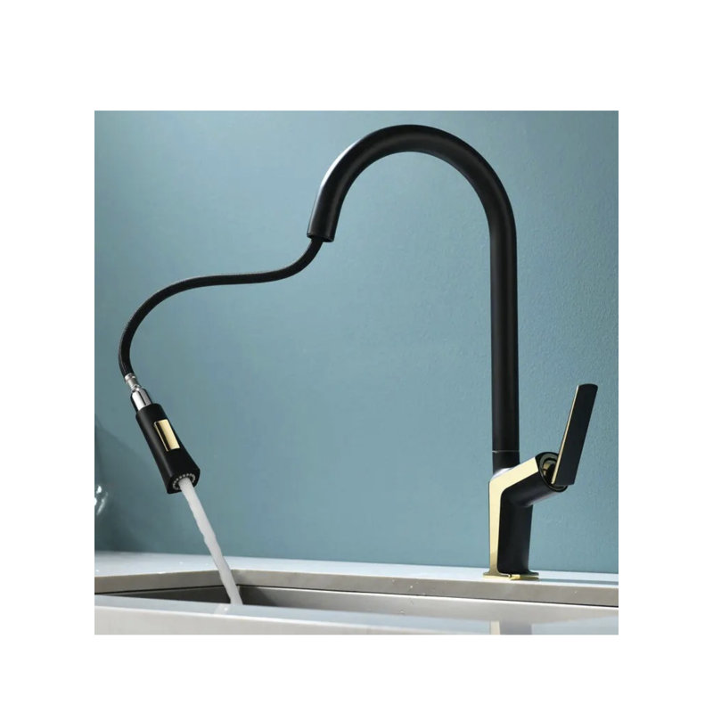 AvaMalis Pull Down Kitchen Faucet, Matt Black/Gold