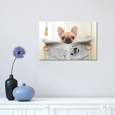 Dog on Toilet Seat Reading Newspaper V 1 Piece Wall Art on Canvas