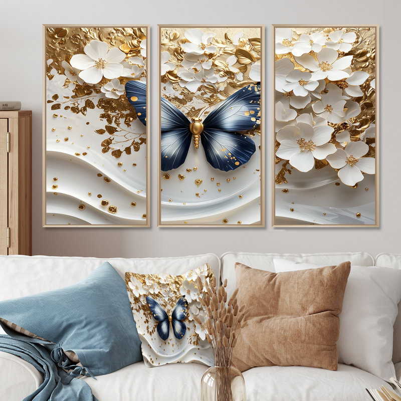 Ensemble de salon art mural papillon bleu sur une branche d'orchidée II, Toile naturelle avec cadre flottant
