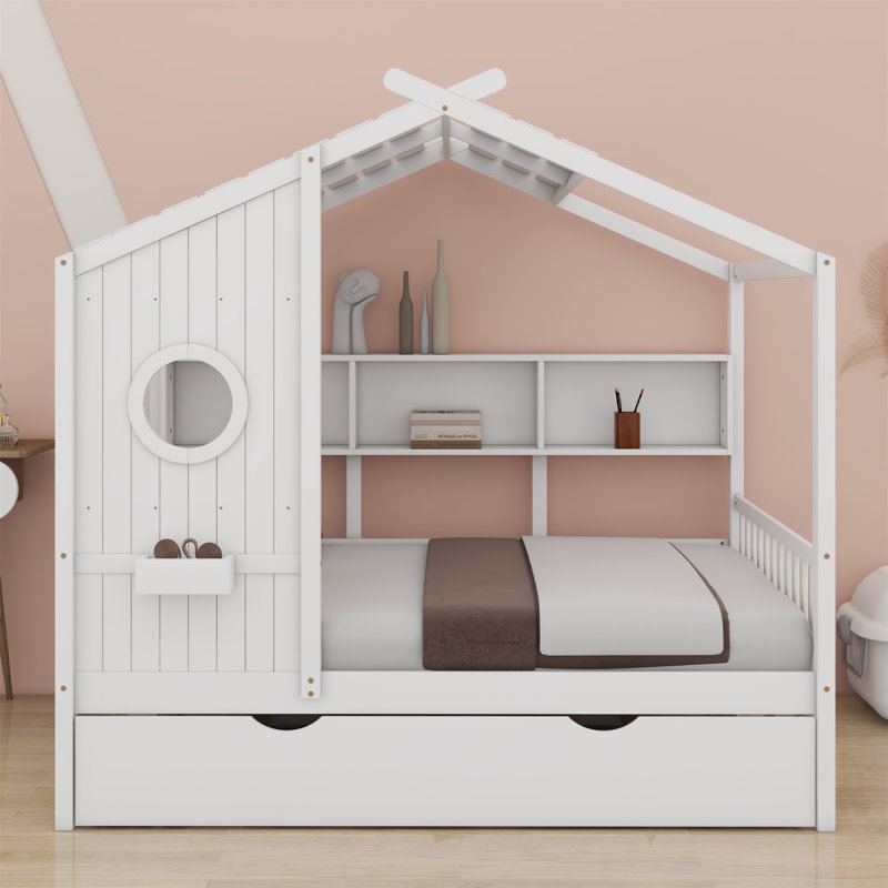 Lit de maison en bois avec lit gigogne, conception moderne pour enfants avec tablette de rangement, Double, Blanc