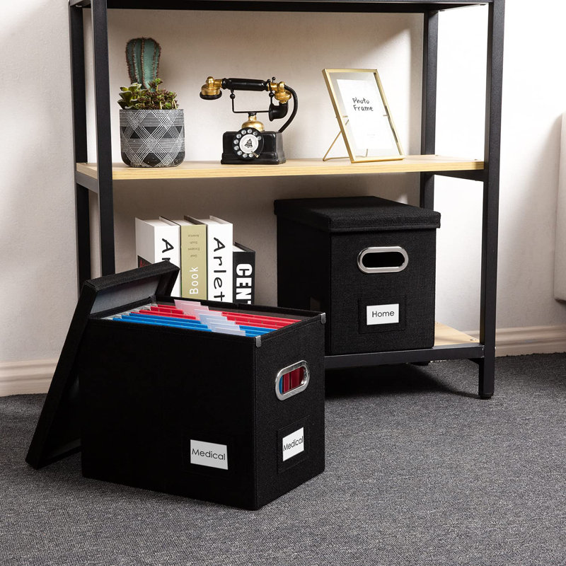 File Organizer Box - Set Of 2 Collapsible Decorative Linen Filing Storage Hanging File Folders With Lids Office Cabinet Letter Size Black (14X9.3X10.8 Inch)