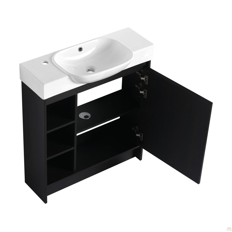 Meuble-lavabo autoportant de 30 po avec lavabo en céramique blanche et porte à fermeture en douceur, chêne foncé, contreplaqué, emballage KD