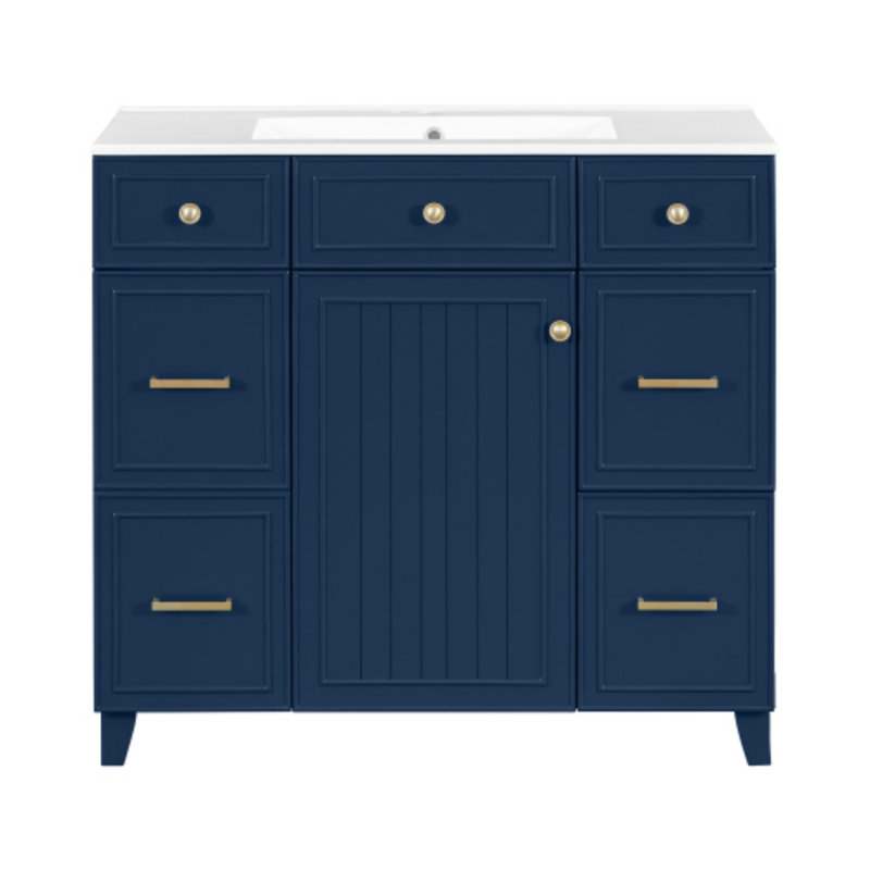 Meuble-lavabo bleu autoportant de 91 cm (36 po), structure en bois massif avec lavabo en céramique, 3 tiroirs et portes à fermeture douce, étagères réglables pour salle de bain