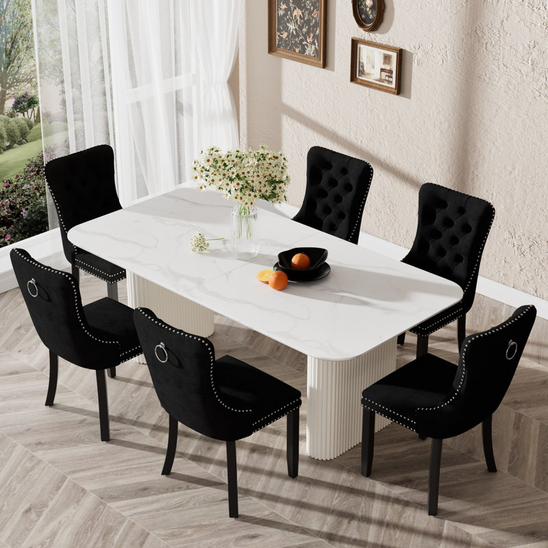 Ensemble de table de salle à manger Elegant Marble, Noir, 7