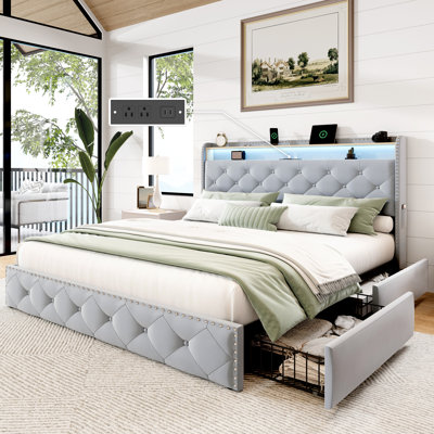 Lit plateforme tapissier avec 4 tiroirs de rangement, grand lit en velours avec tête de lit avec tablette de rangement et station de charge et lumières à DEL, gris bleuâtre